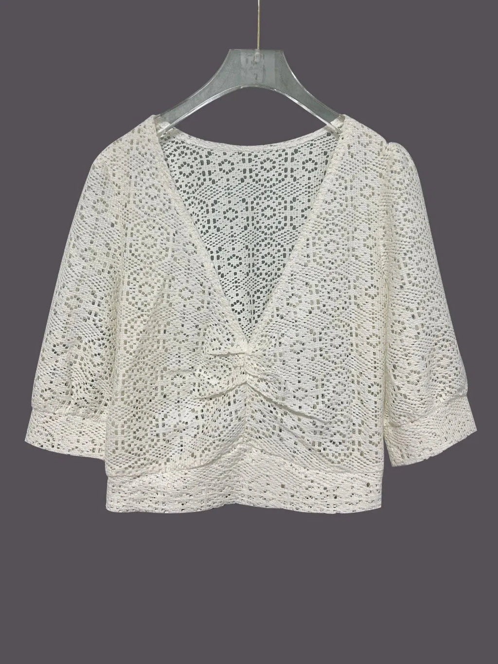 Ruched V - Neck Openwork Crop Knit Top - ShalayeFashion