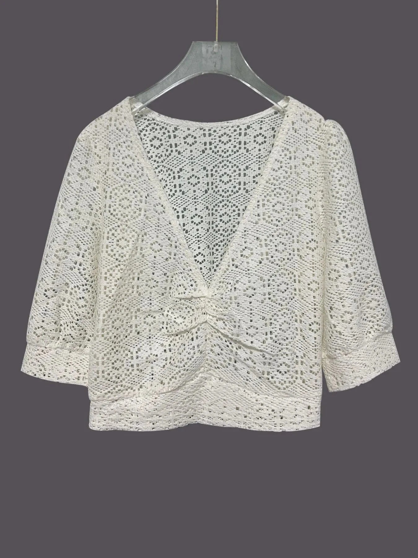 Ruched V - Neck Openwork Crop Knit Top - ShalayeFashion
