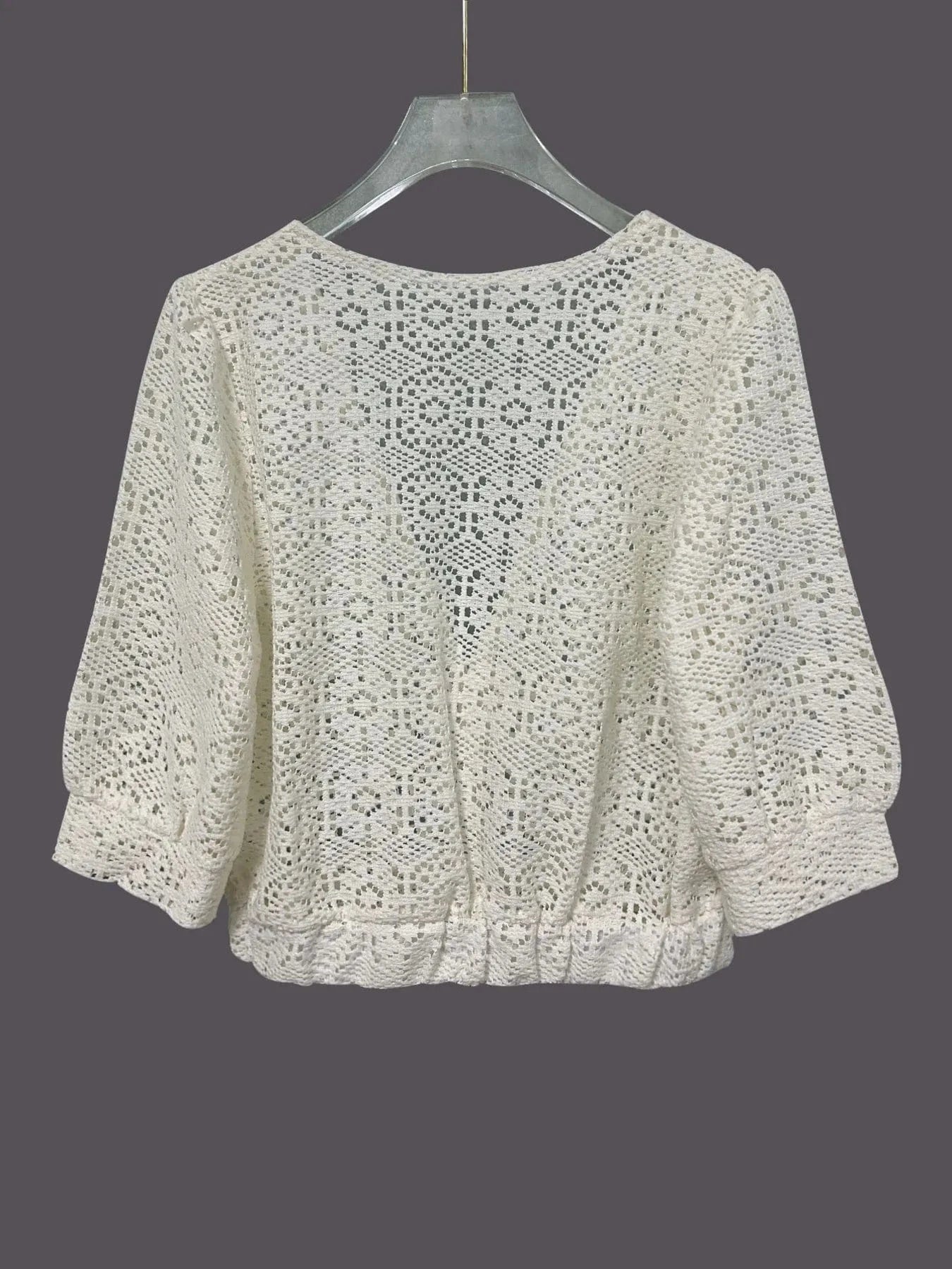 Ruched V - Neck Openwork Crop Knit Top - ShalayeFashion