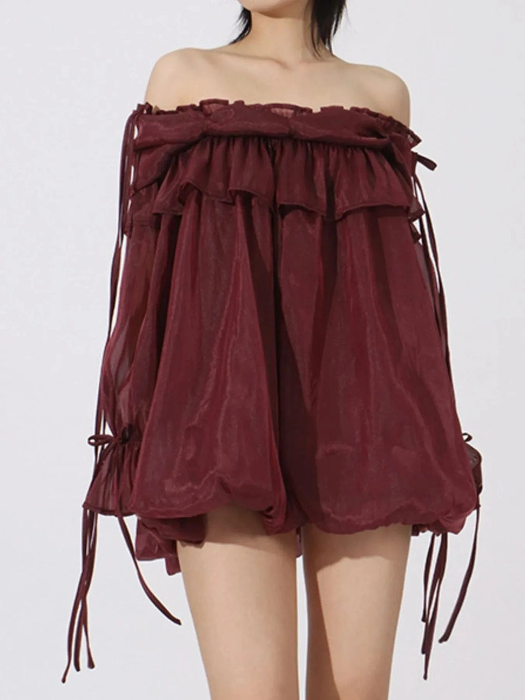 Ruffled Off - Shoulder Flounce Sleeve Blouse - ShalayeFashion