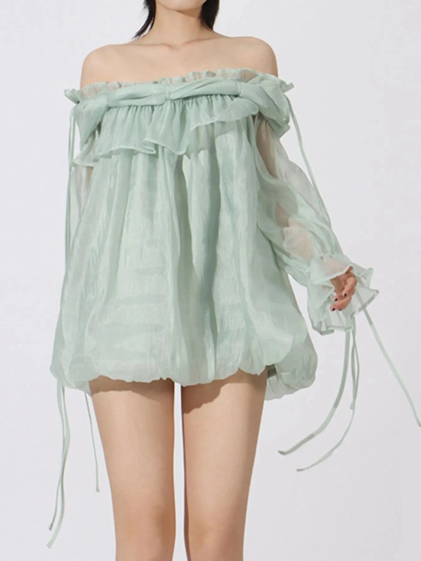 Ruffled Off - Shoulder Flounce Sleeve Blouse - ShalayeFashion