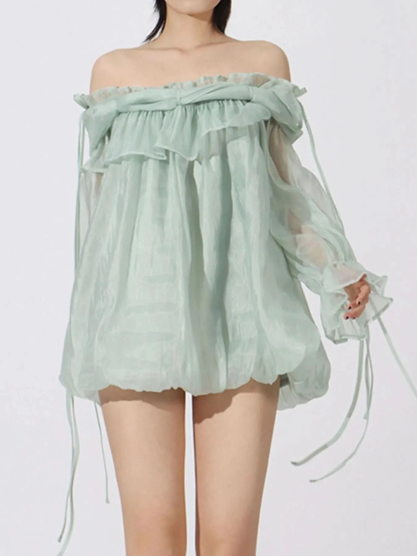 Ruffled Off - Shoulder Flounce Sleeve Blouse - ShalayeFashion