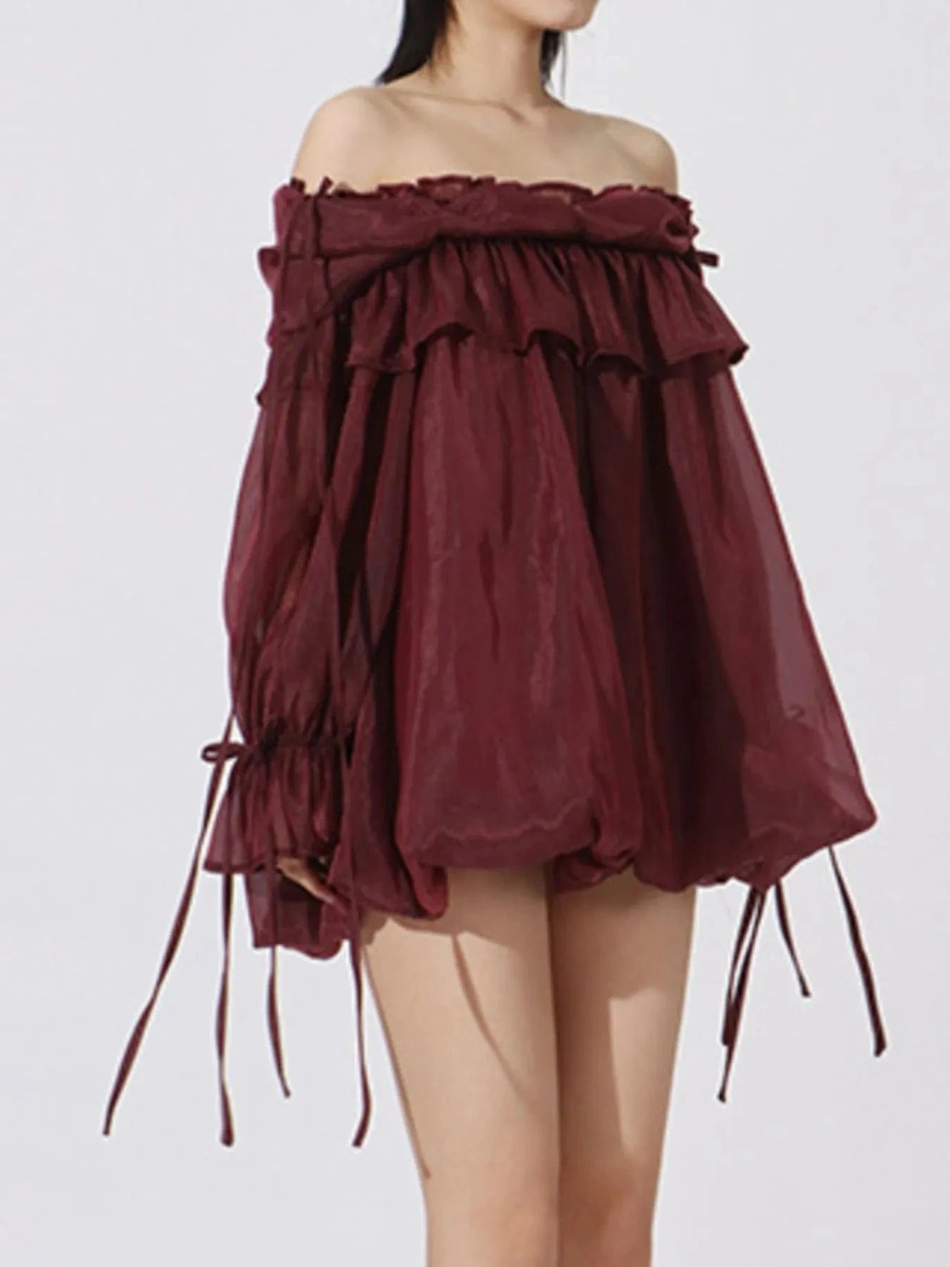 Ruffled Off - Shoulder Flounce Sleeve Blouse - ShalayeFashion