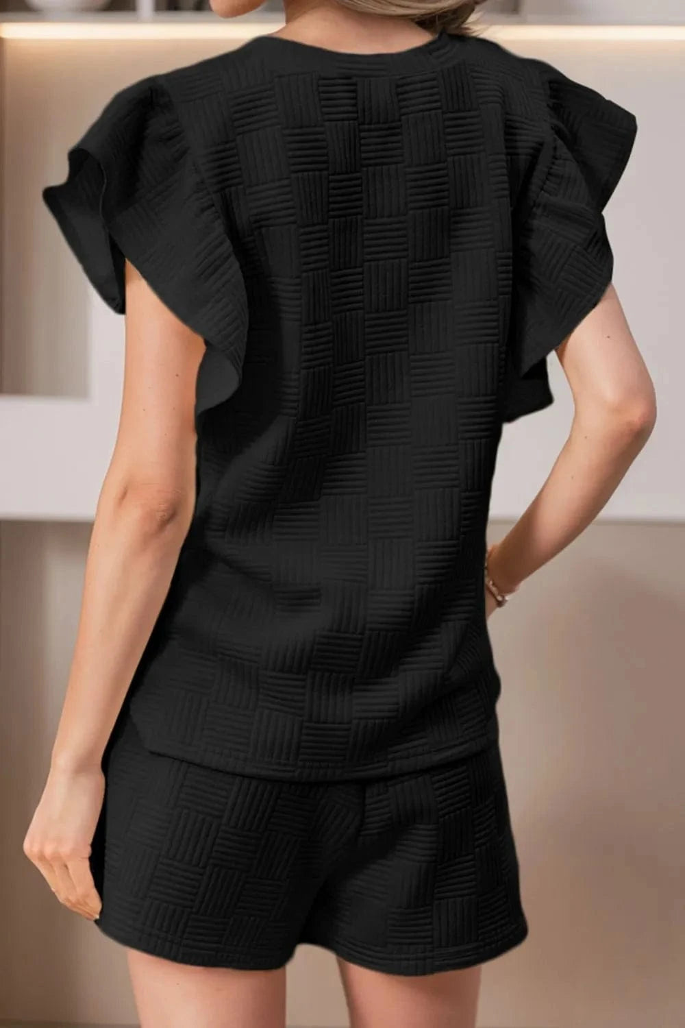 Ruffled Round Neck Top and Drawstring Shorts Set - ShalayeFashion