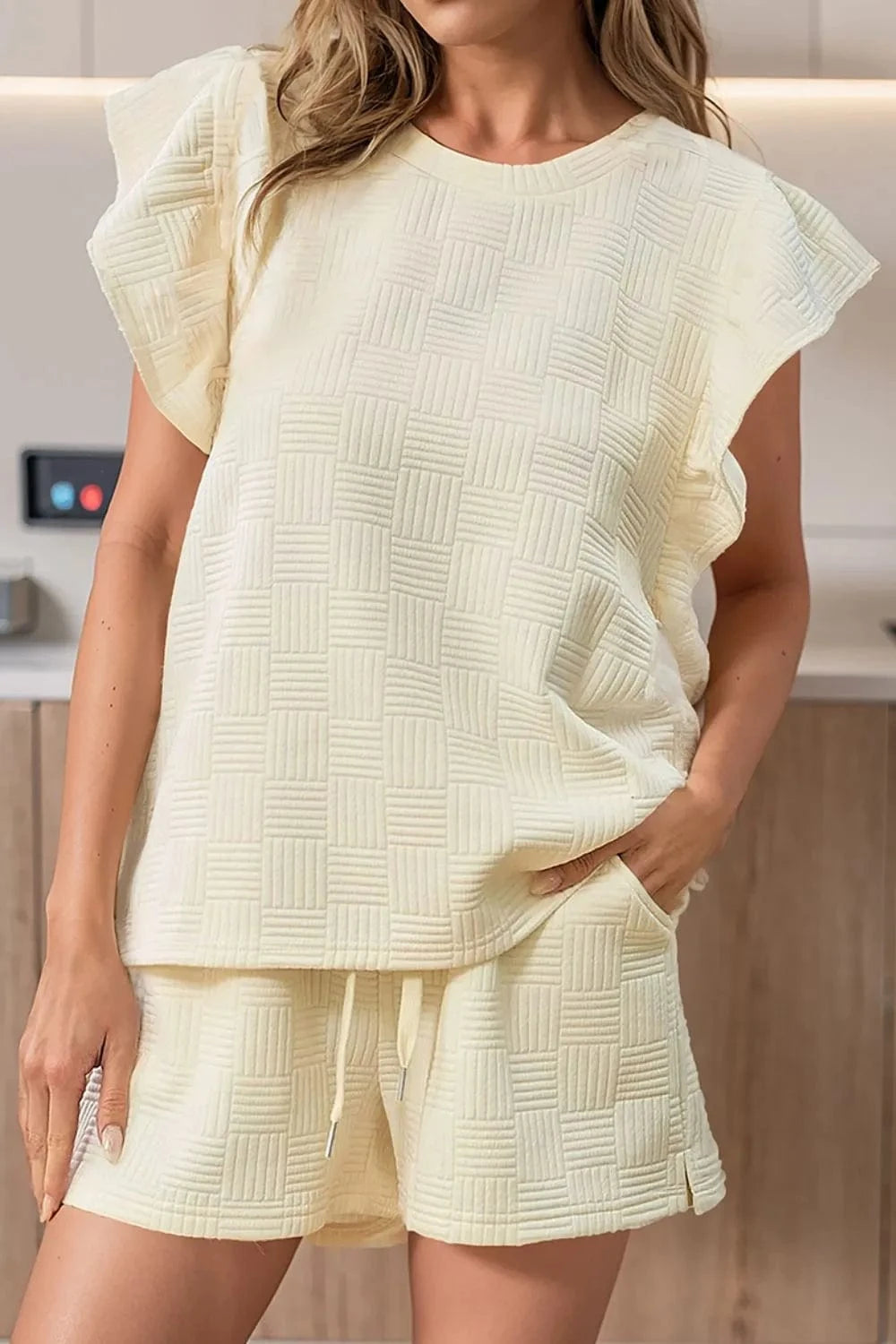 Ruffled Round Neck Top and Drawstring Shorts Set - ShalayeFashion