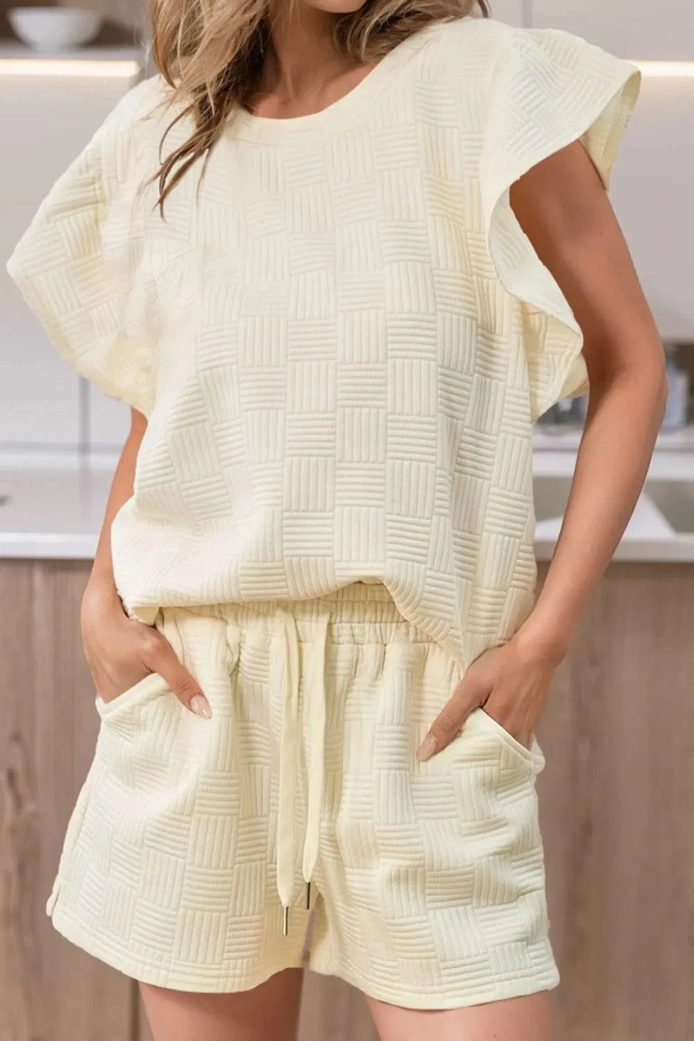 Ruffled Round Neck Top and Drawstring Shorts Set - ShalayeFashion