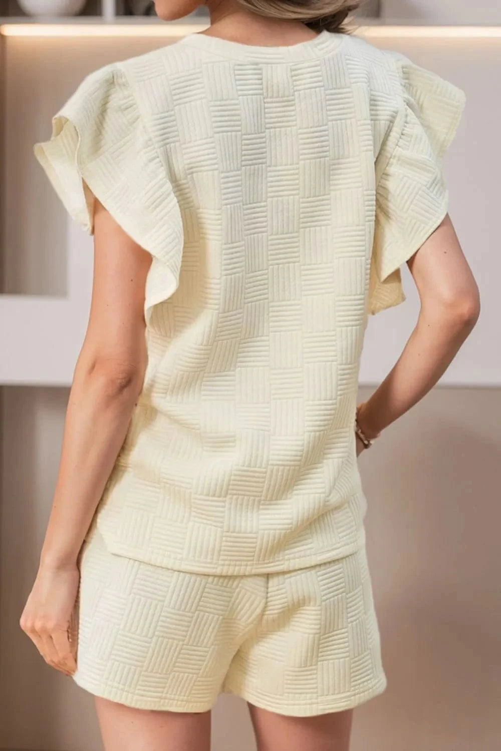 Ruffled Round Neck Top and Drawstring Shorts Set - ShalayeFashion