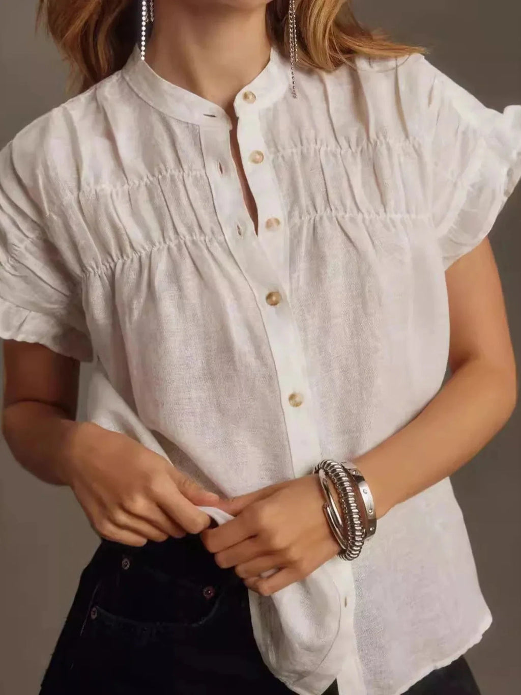 Ruffled Short Sleeve Button Up Shirt - ShalayeFashion