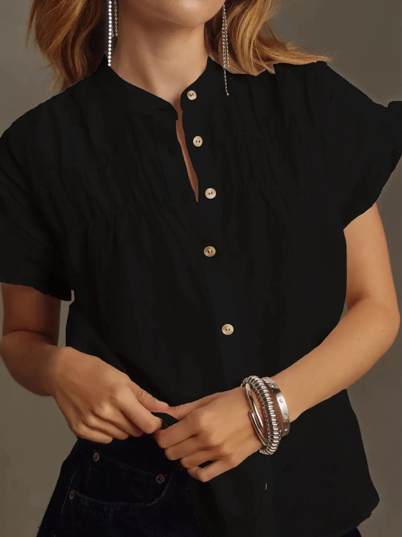 Ruffled Short Sleeve Button Up Shirt - ShalayeFashion