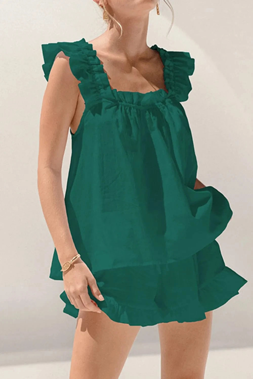Ruffled Square Neck Top and Shorts Set - ShalayeFashion