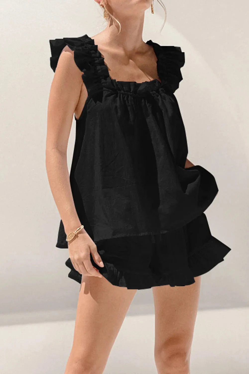 Ruffled Square Neck Top and Shorts Set - ShalayeFashion