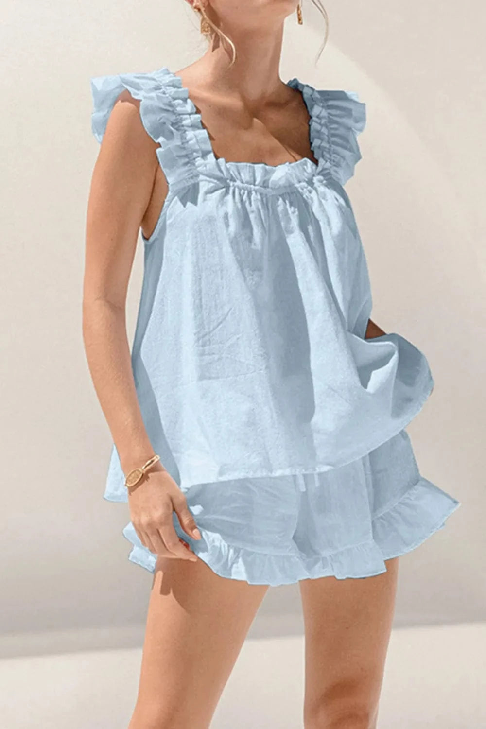 Ruffled Square Neck Top and Shorts Set - ShalayeFashion