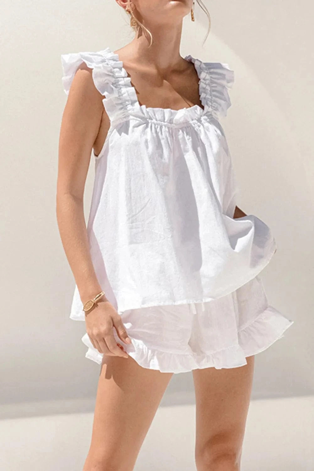 Ruffled Square Neck Top and Shorts Set - ShalayeFashion
