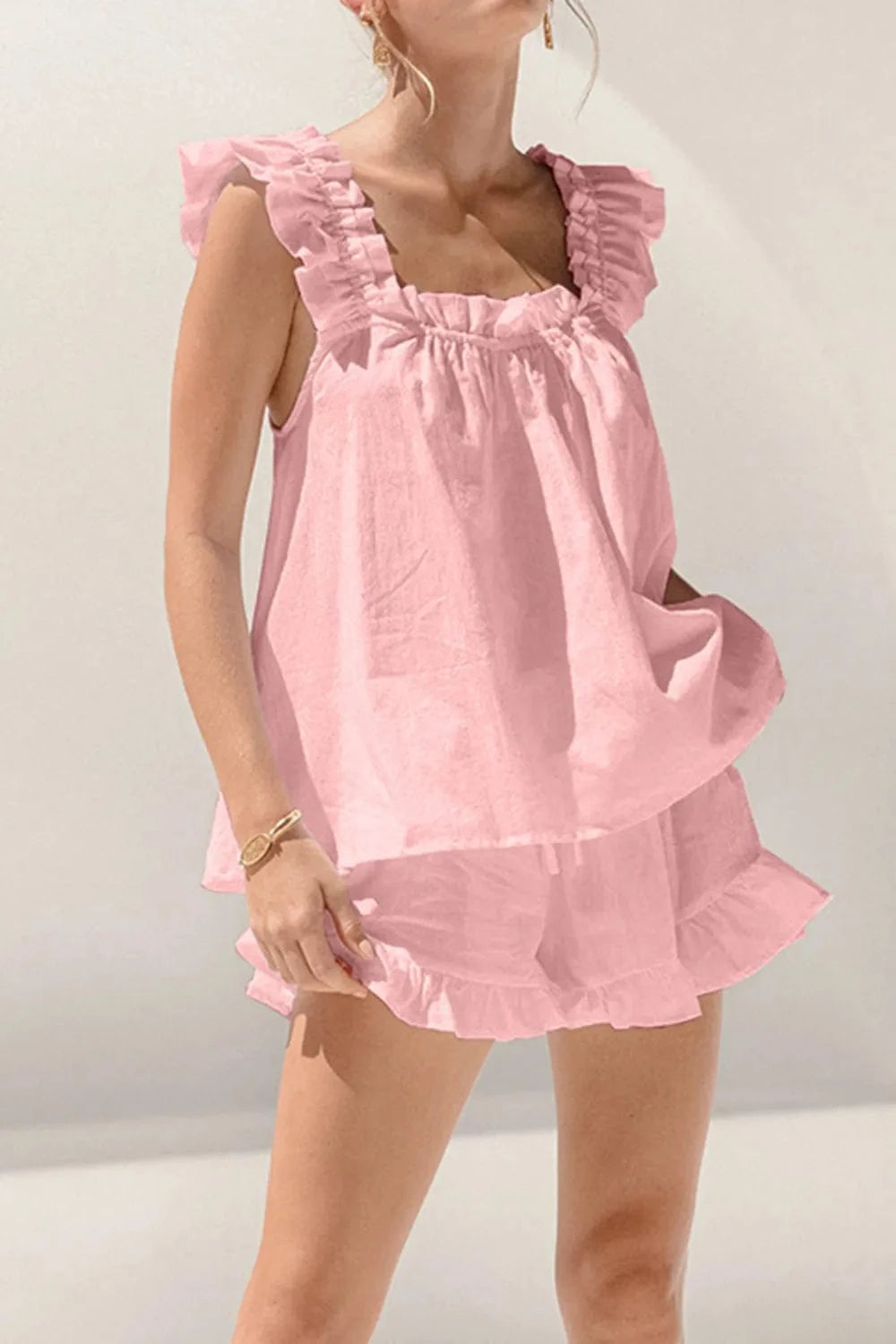 Ruffled Square Neck Top and Shorts Set - ShalayeFashion
