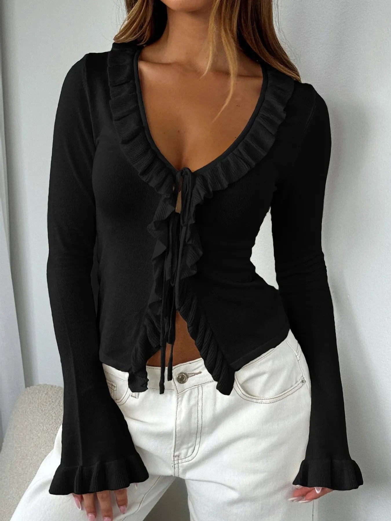 Ruffled Tie Front Flare Sleeve Shirt - ShalayeFashion