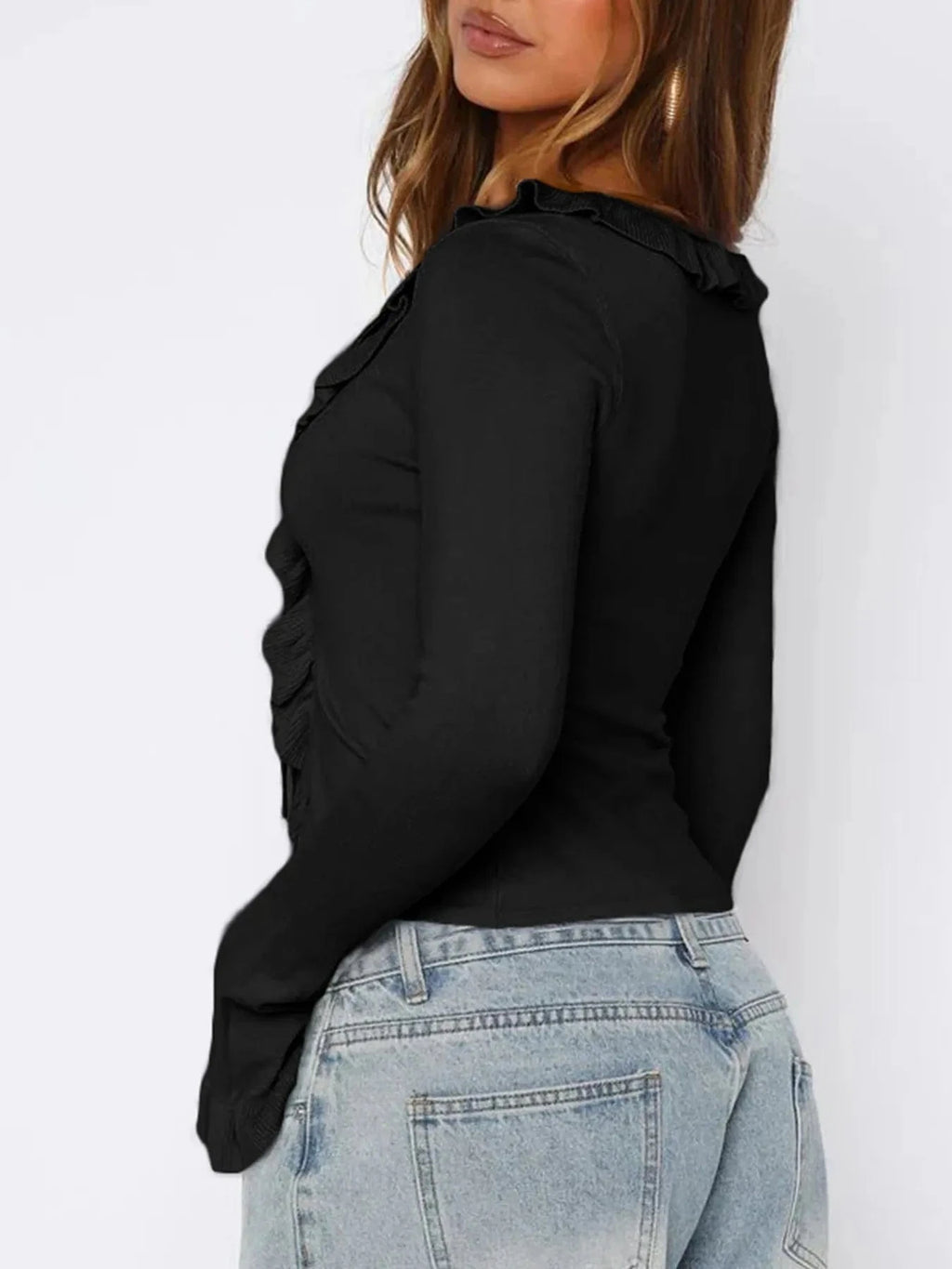 Ruffled Tie Front Flare Sleeve Shirt - ShalayeFashion