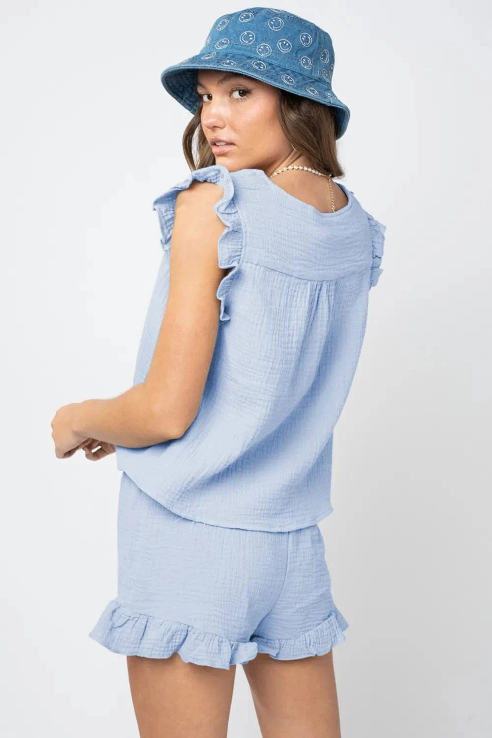 Ruffled V - Neck Cap Sleeve and Shorts Set - ShalayeFashion
