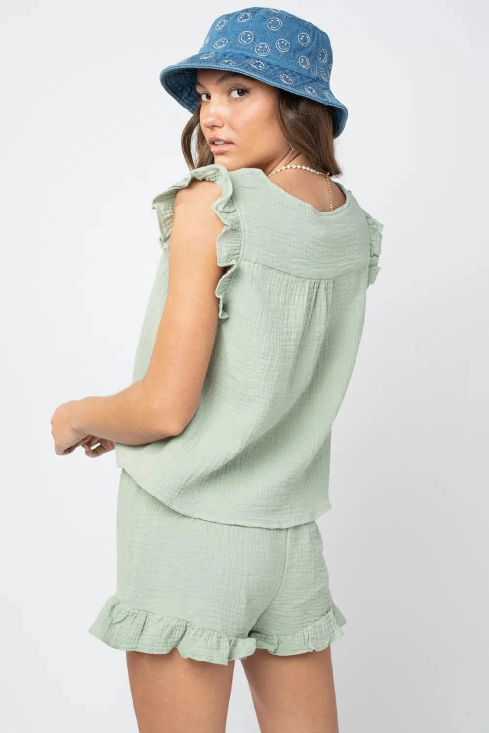 Ruffled V - Neck Cap Sleeve and Shorts Set - ShalayeFashion