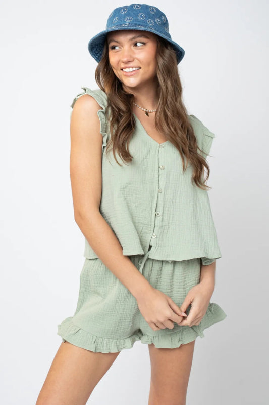 Ruffled V - Neck Cap Sleeve and Shorts Set - ShalayeFashion