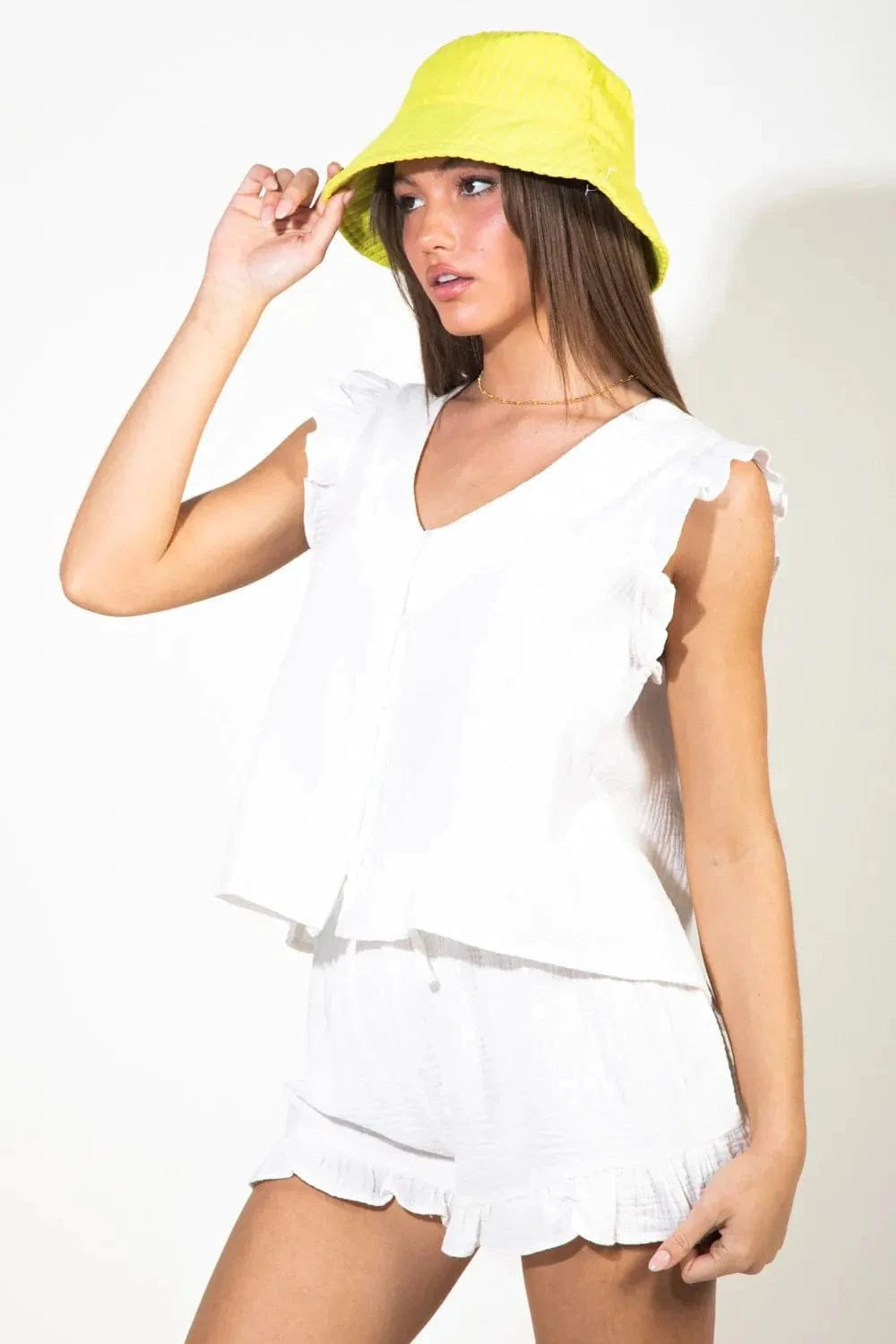 Ruffled V - Neck Cap Sleeve and Shorts Set - ShalayeFashion