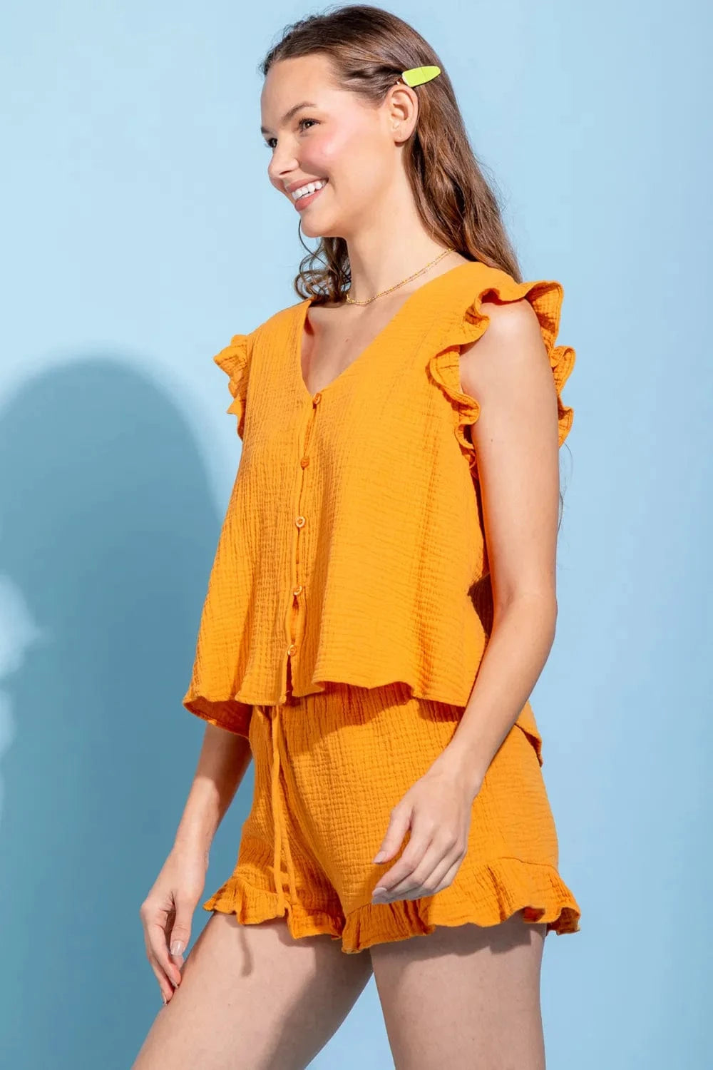 Ruffled V - Neck Cap Sleeve and Shorts Set - ShalayeFashion