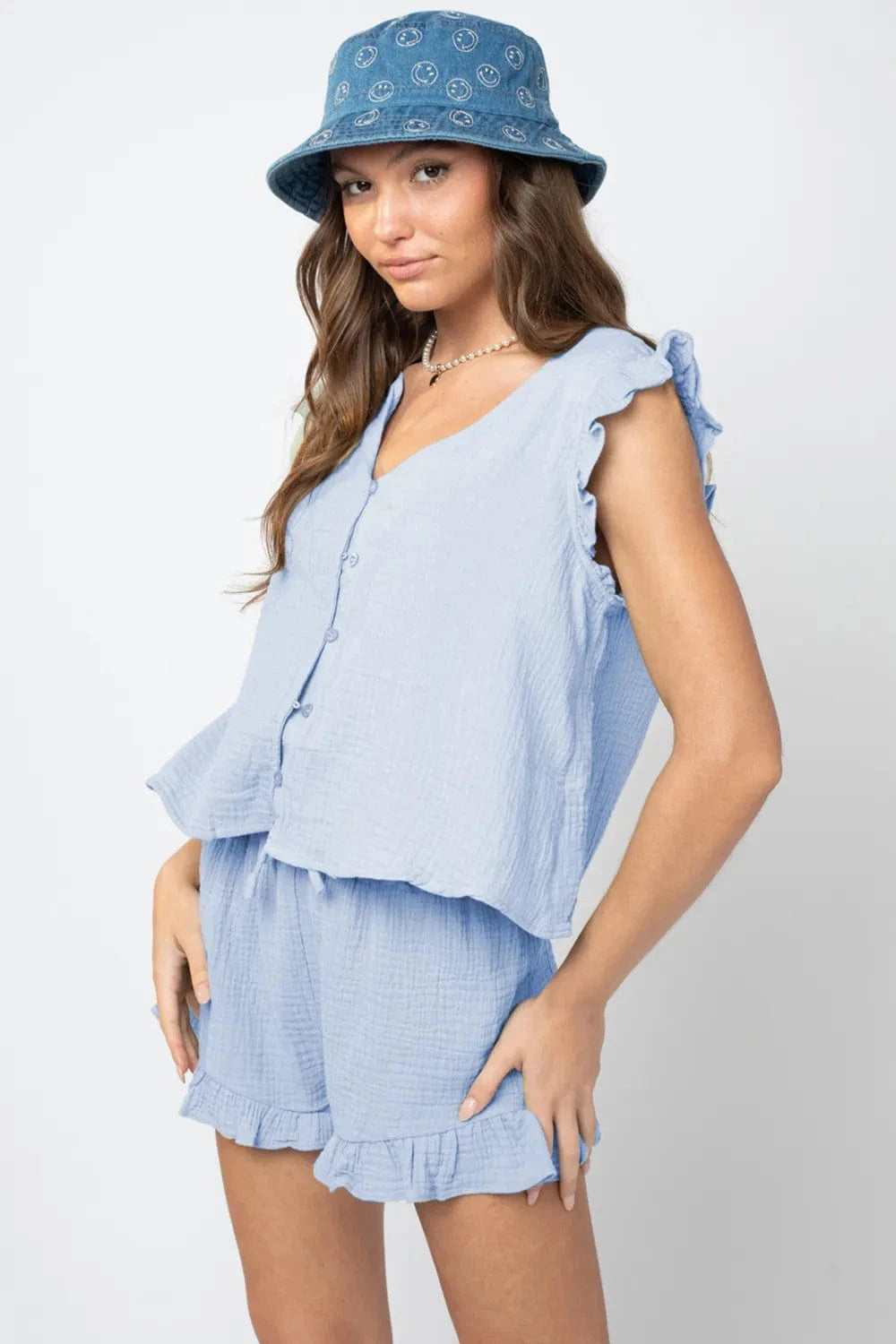 Ruffled V - Neck Cap Sleeve and Shorts Set - ShalayeFashion