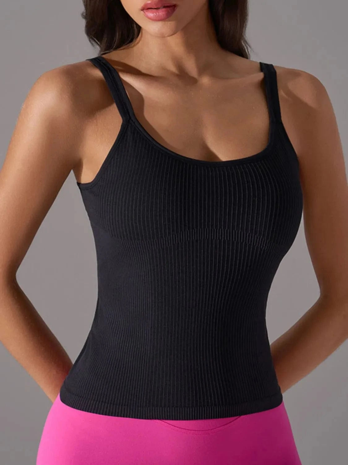 Scoop Neck Active Tank with Detachable Chest Pads - ShalayeFashion