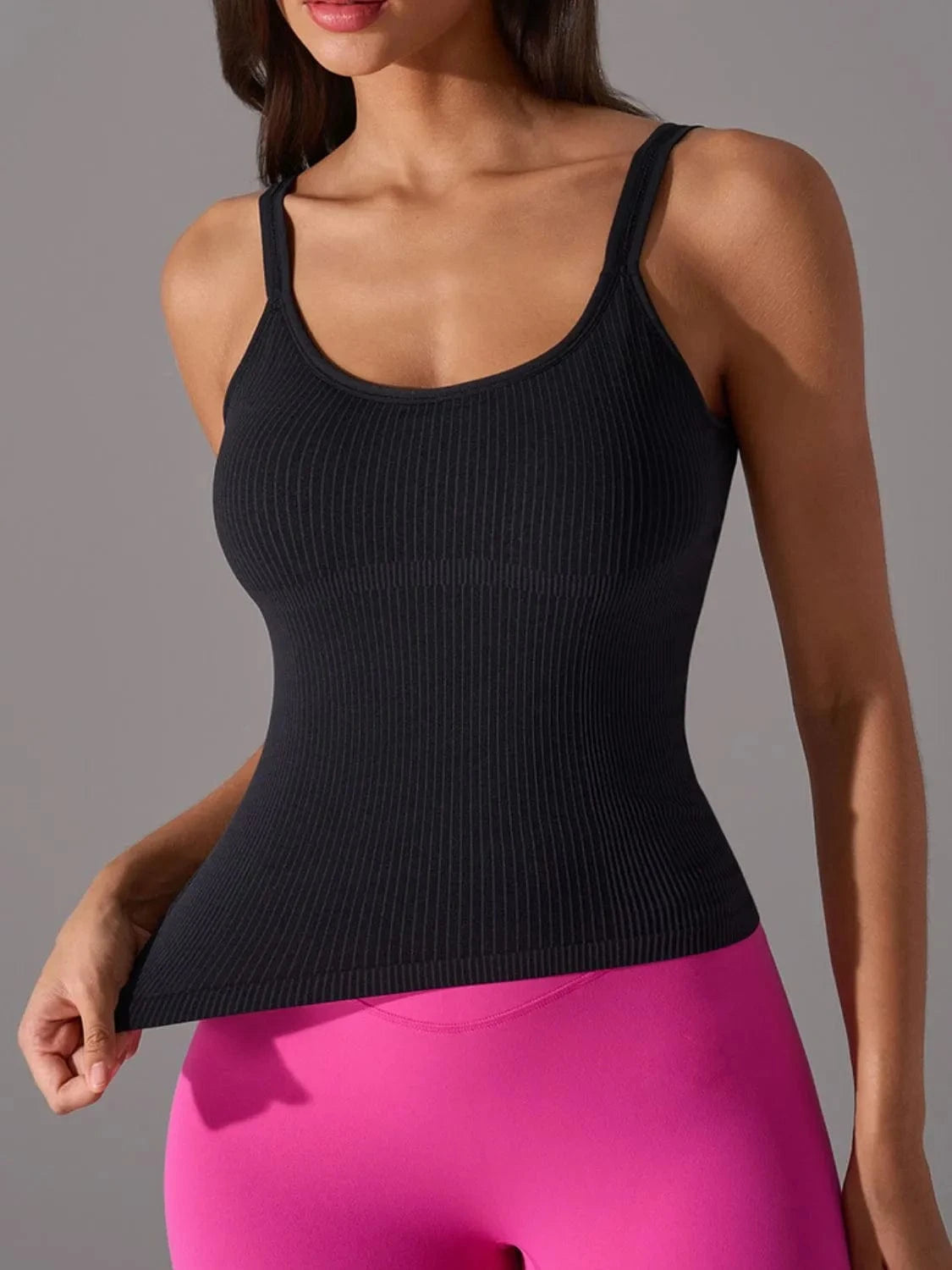 Scoop Neck Active Tank with Detachable Chest Pads - ShalayeFashion