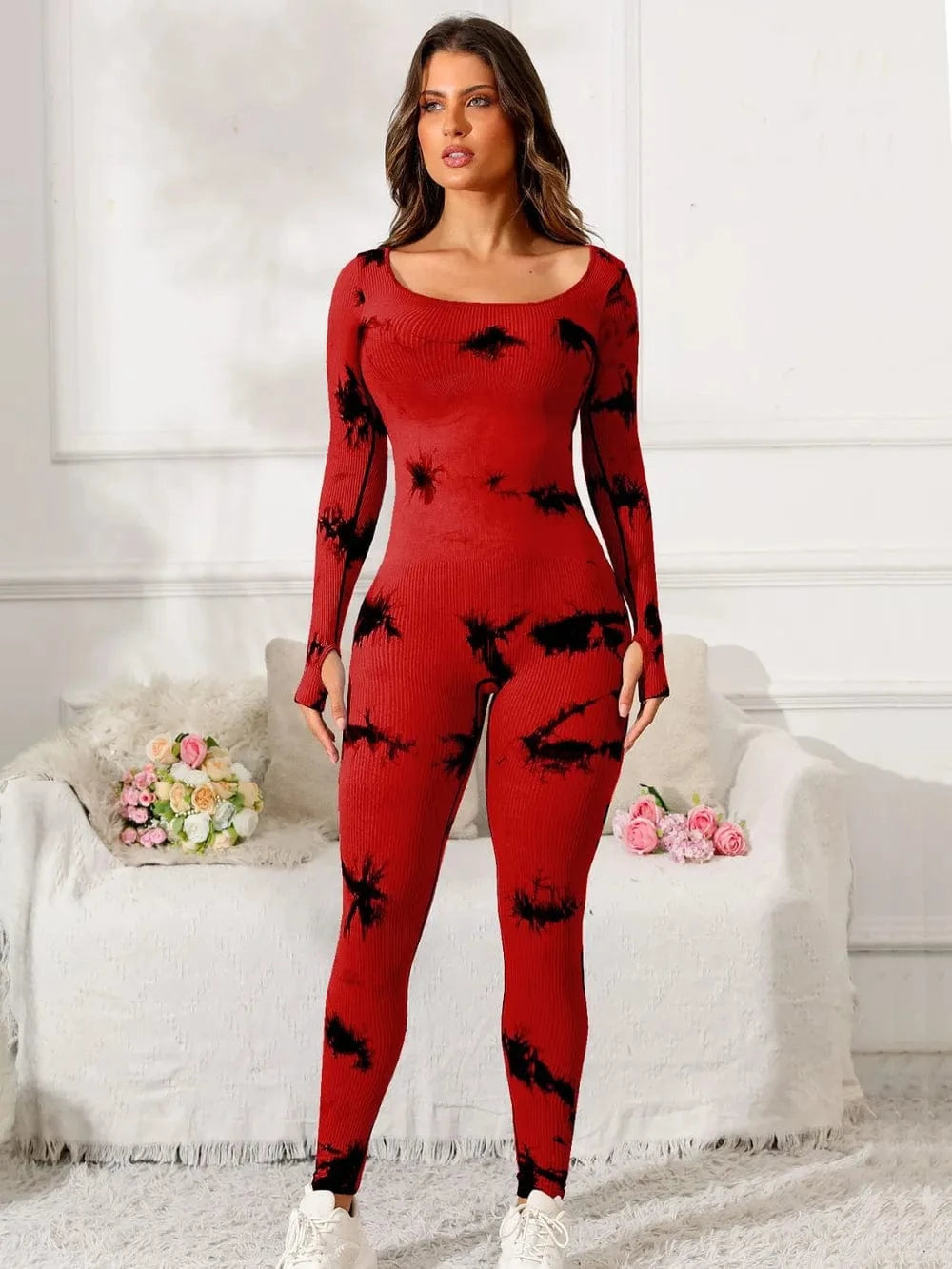 Scoop Neck Long Sleeve Active Jumpsuit - ShalayeFashion