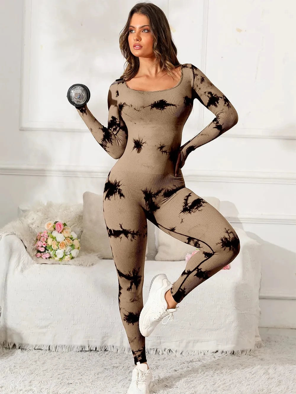 Scoop Neck Long Sleeve Active Jumpsuit - ShalayeFashion