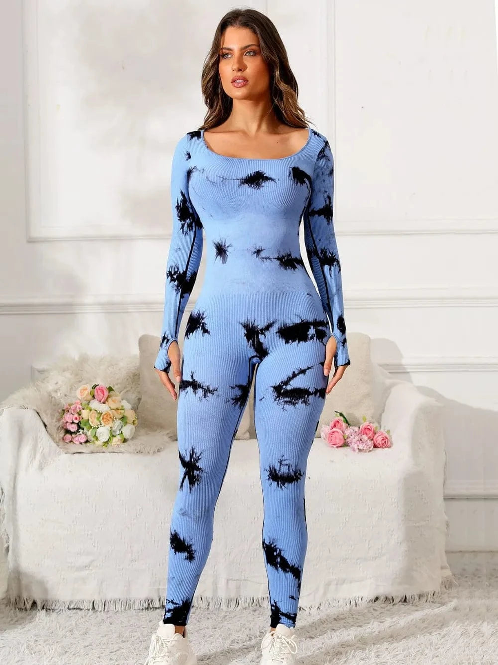 Scoop Neck Long Sleeve Active Jumpsuit - ShalayeFashion
