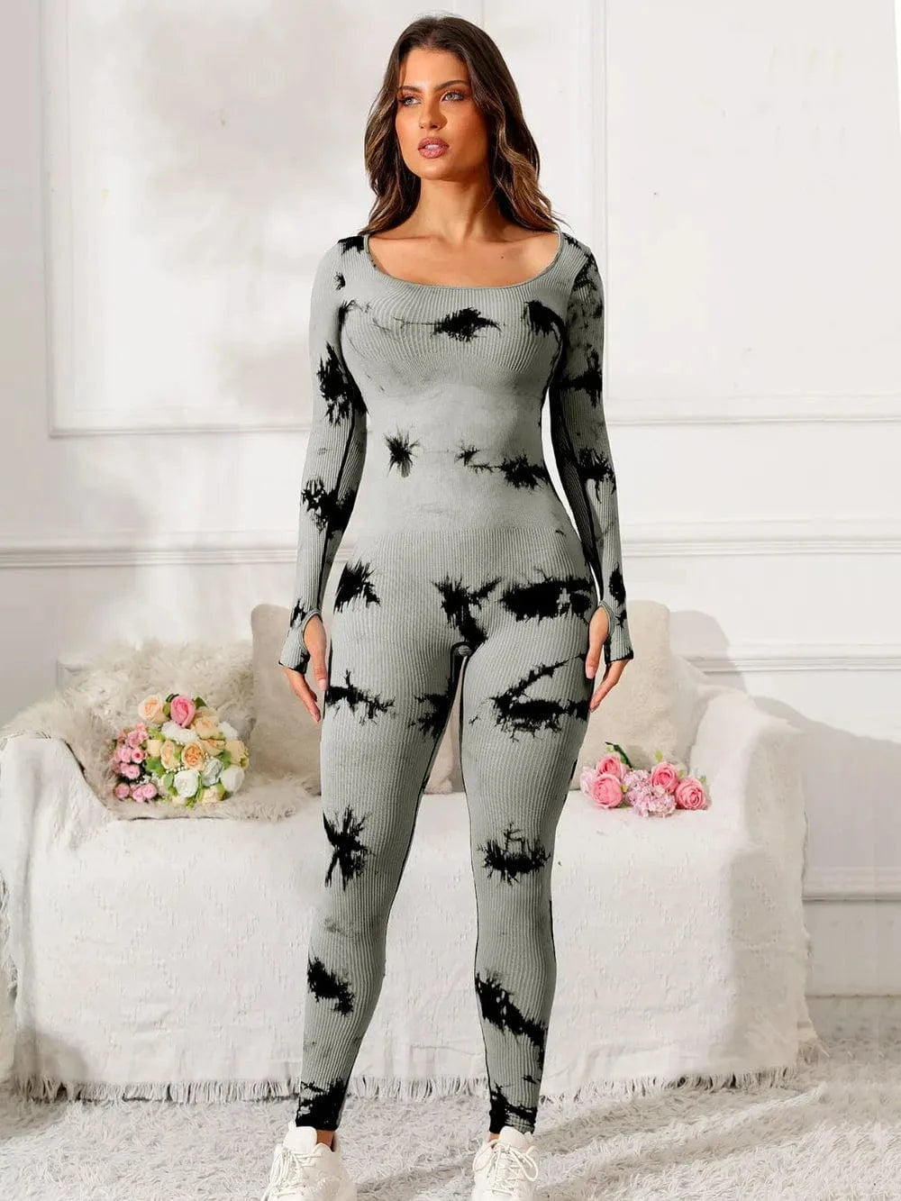 Scoop Neck Long Sleeve Active Jumpsuit - ShalayeFashion