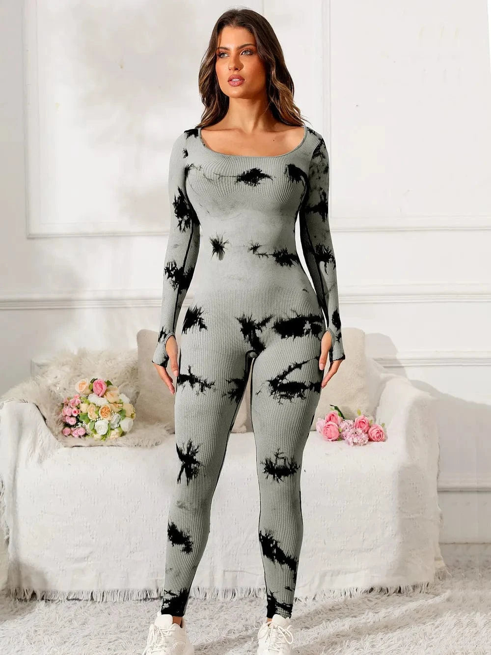 Scoop Neck Long Sleeve Active Jumpsuit - ShalayeFashion