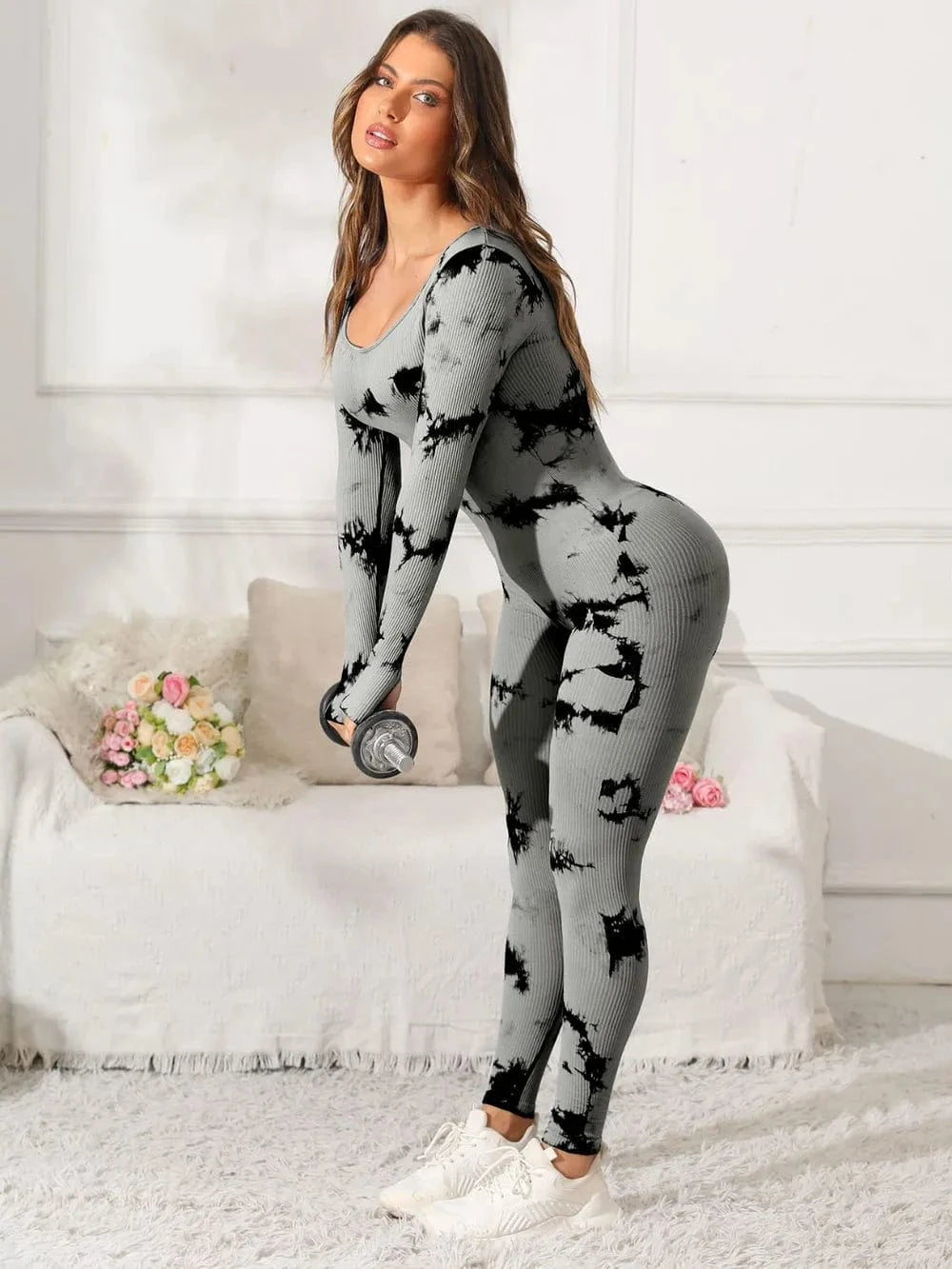 Scoop Neck Long Sleeve Active Jumpsuit - ShalayeFashion