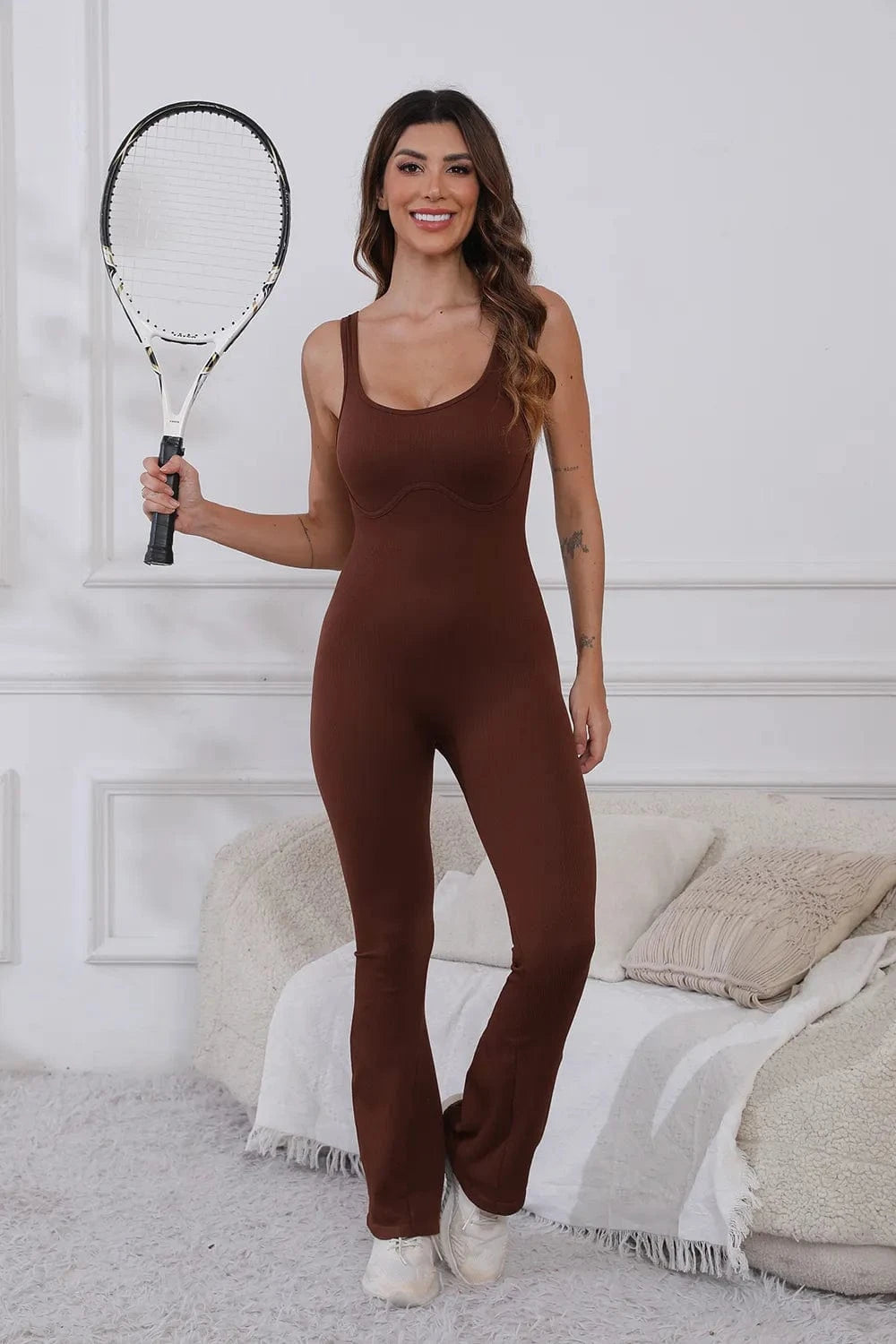 Scoop Neck Wide Strap Active Jumpsuit - ShalayeFashion