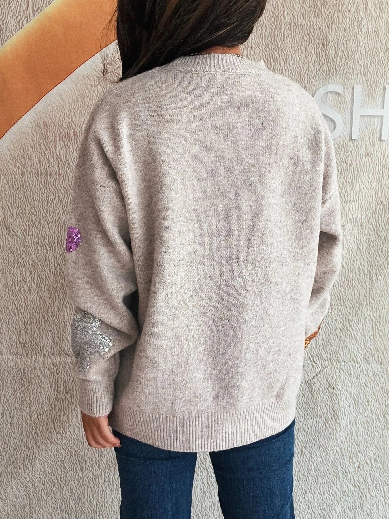 Sequin Flower Round Neck Long Sleeve Sweater - ShalayeFashion
