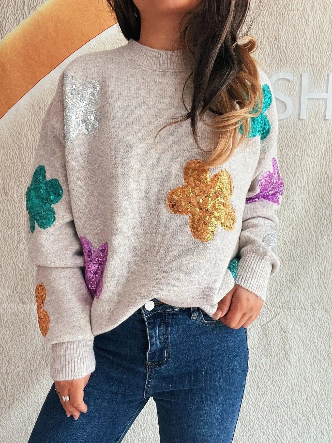 Sequin Flower Round Neck Long Sleeve Sweater - ShalayeFashion