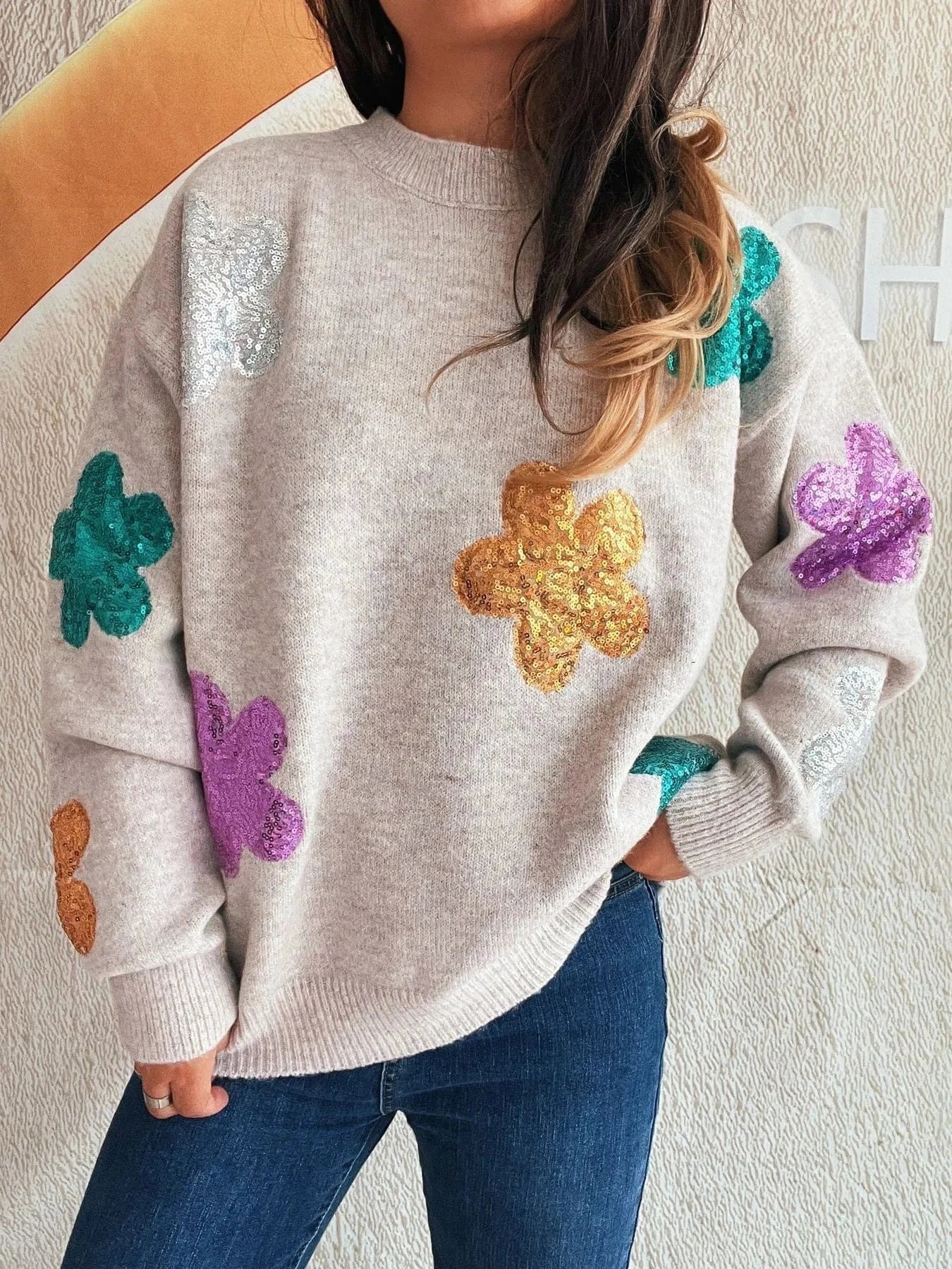 Sequin Flower Round Neck Long Sleeve Sweater - ShalayeFashion
