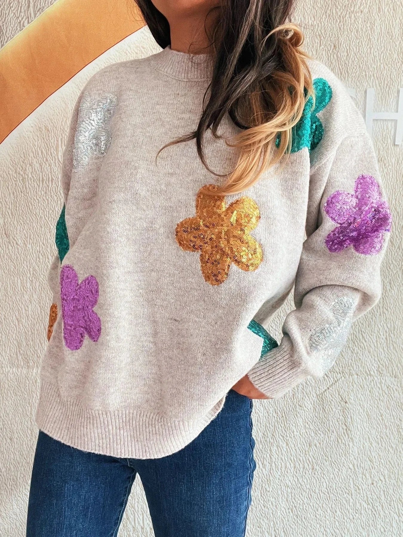 Sequin Flower Round Neck Long Sleeve Sweater - ShalayeFashion