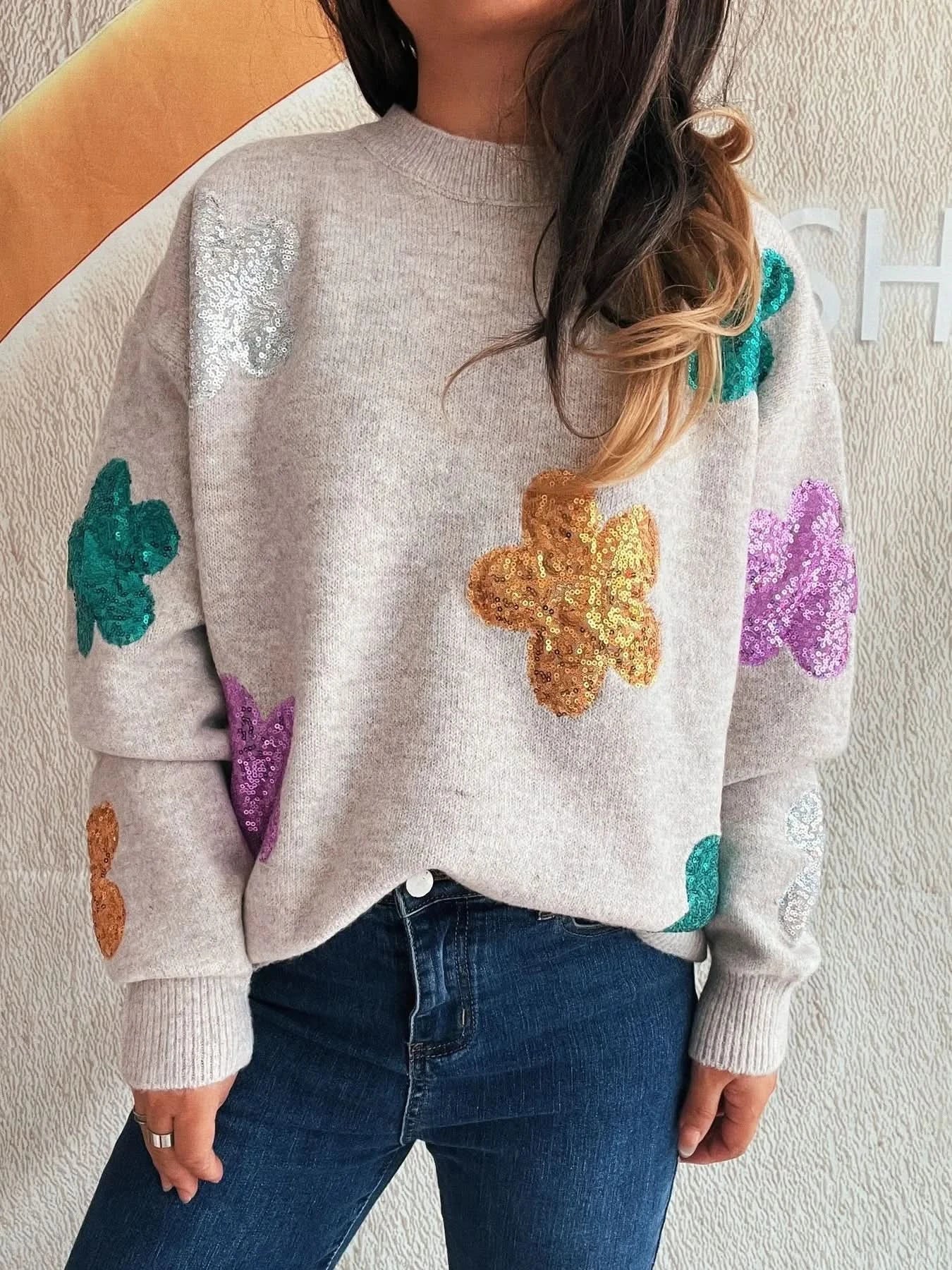 Sequin Flower Round Neck Long Sleeve Sweater - ShalayeFashion