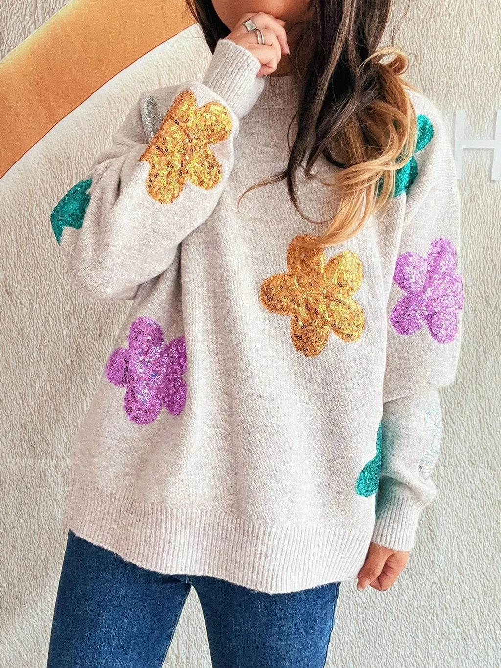 Sequin Flower Round Neck Long Sleeve Sweater - ShalayeFashion