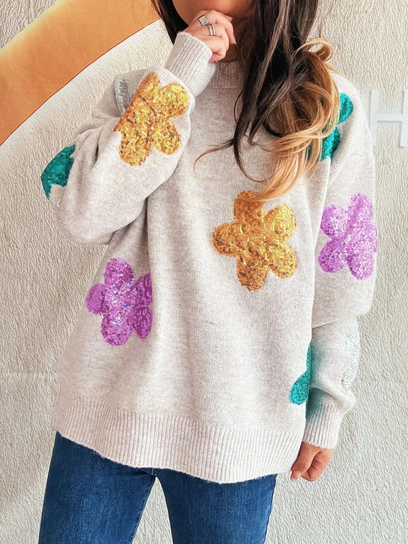 Sequin Flower Round Neck Long Sleeve Sweater - ShalayeFashion