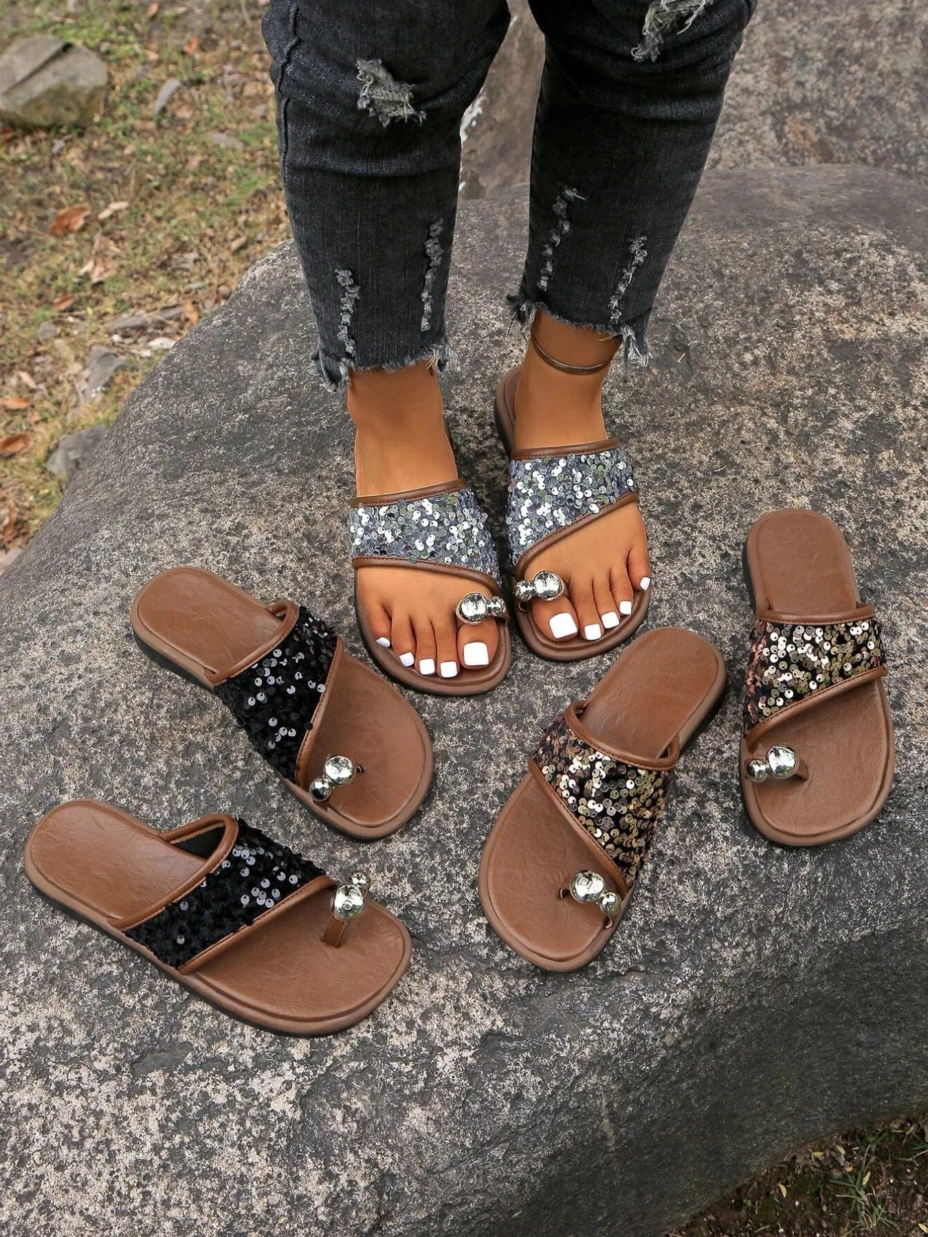 Sequin Toe Loop Flats Sandals - ShalayeFashion