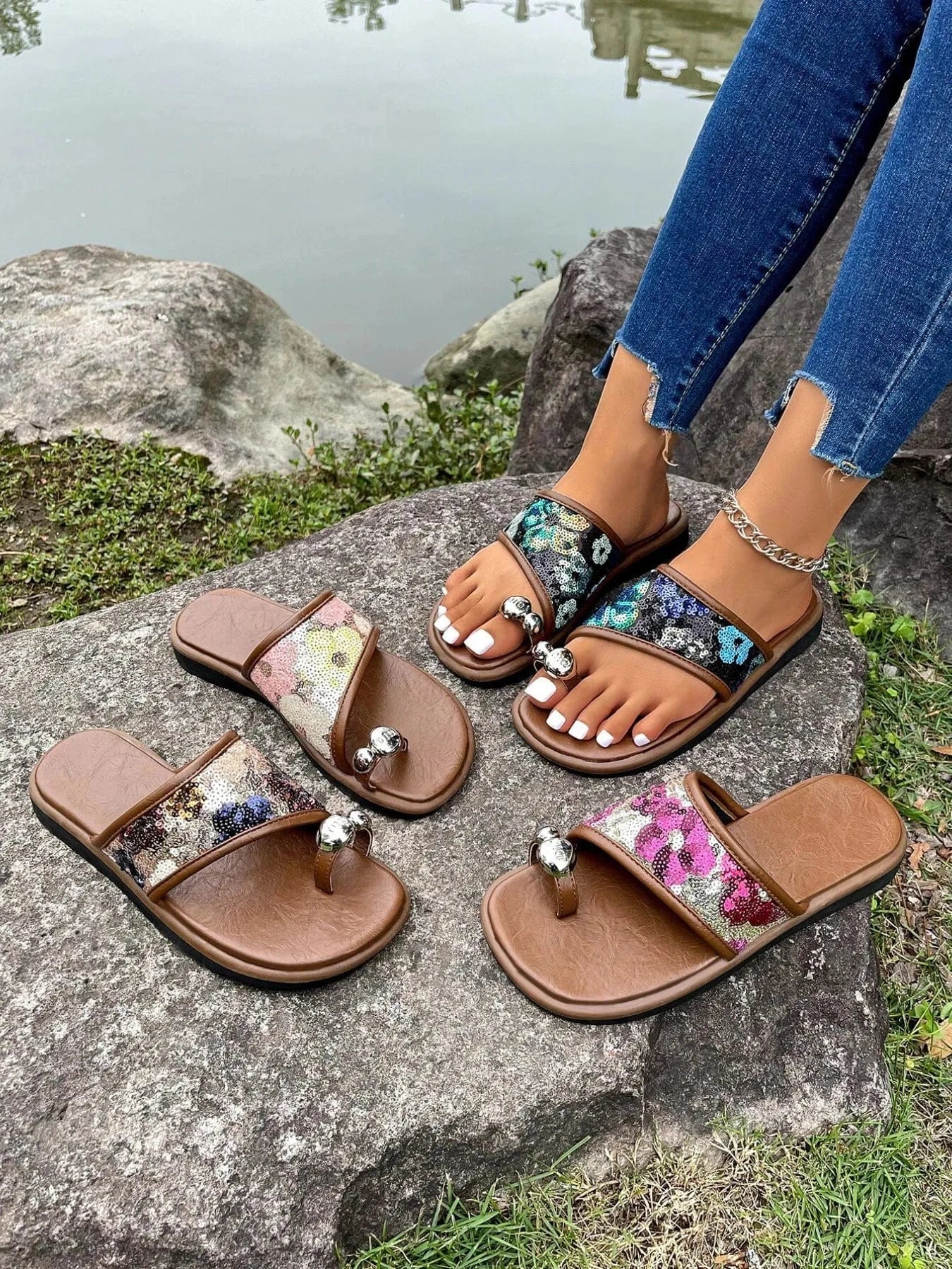 Sequin Toe Loop Flats Sandals - ShalayeFashion