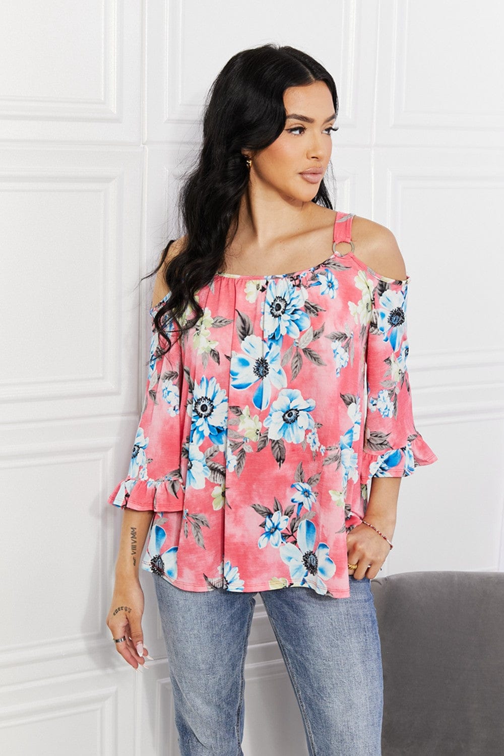 Sew In Love Full Size Fresh Take Floral Cold - Shoulder Top - ShalayeFashion