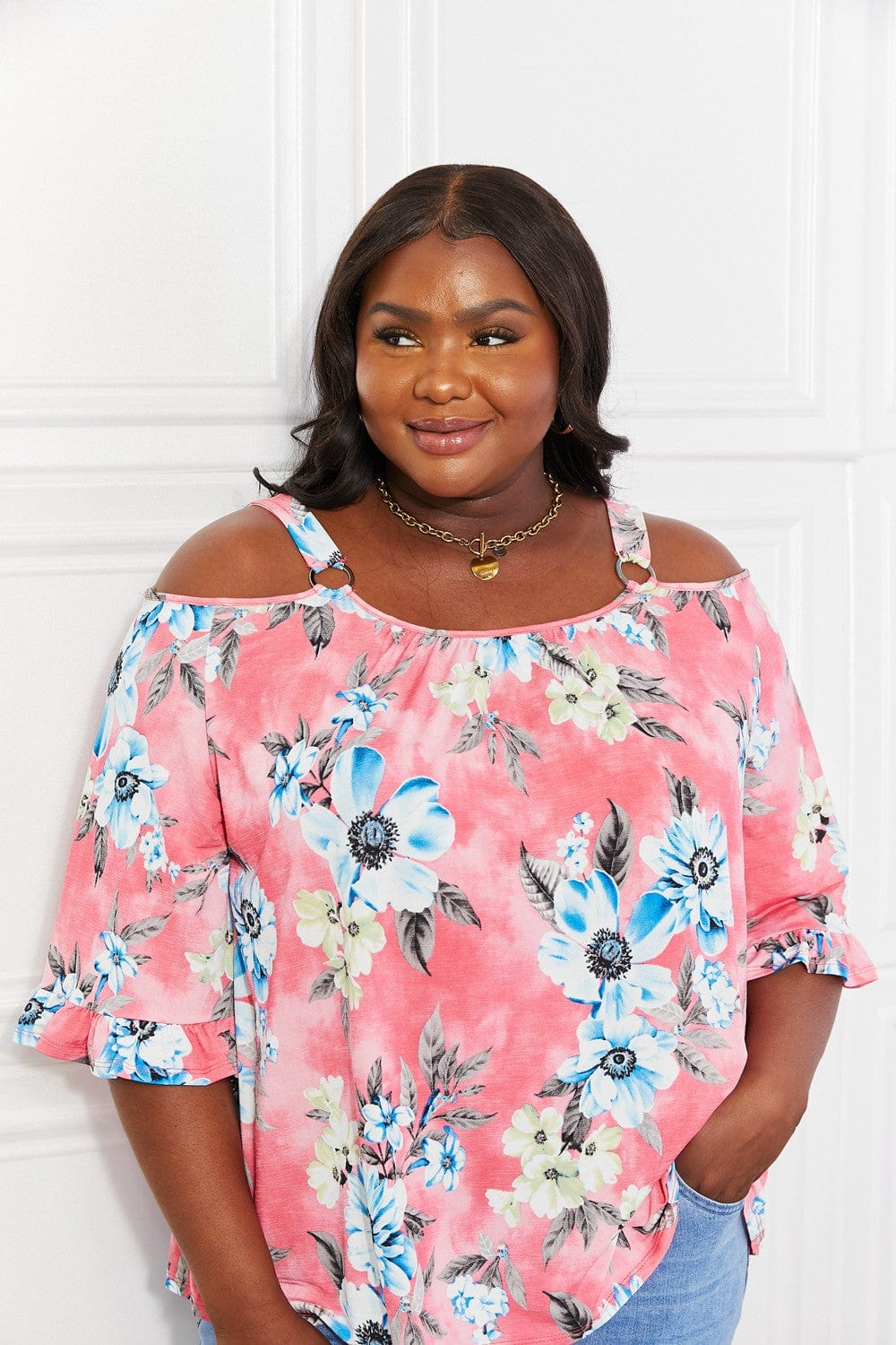 Sew In Love Full Size Fresh Take Floral Cold - Shoulder Top - ShalayeFashion