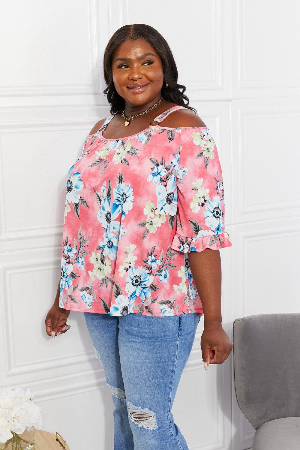 Sew In Love Full Size Fresh Take Floral Cold - Shoulder Top - ShalayeFashion