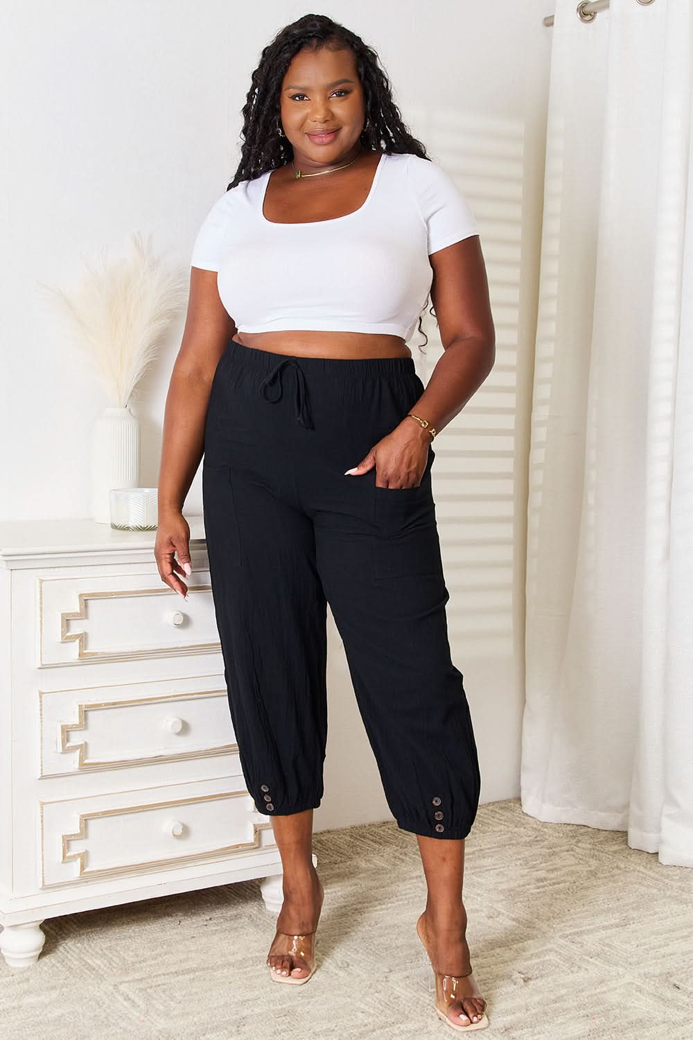 Shiny Decorative Button Cropped Pants - ShalayeFashion