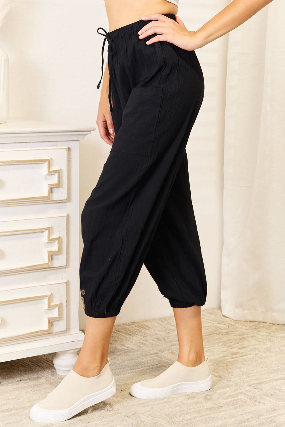 Shiny Decorative Button Cropped Pants - ShalayeFashion