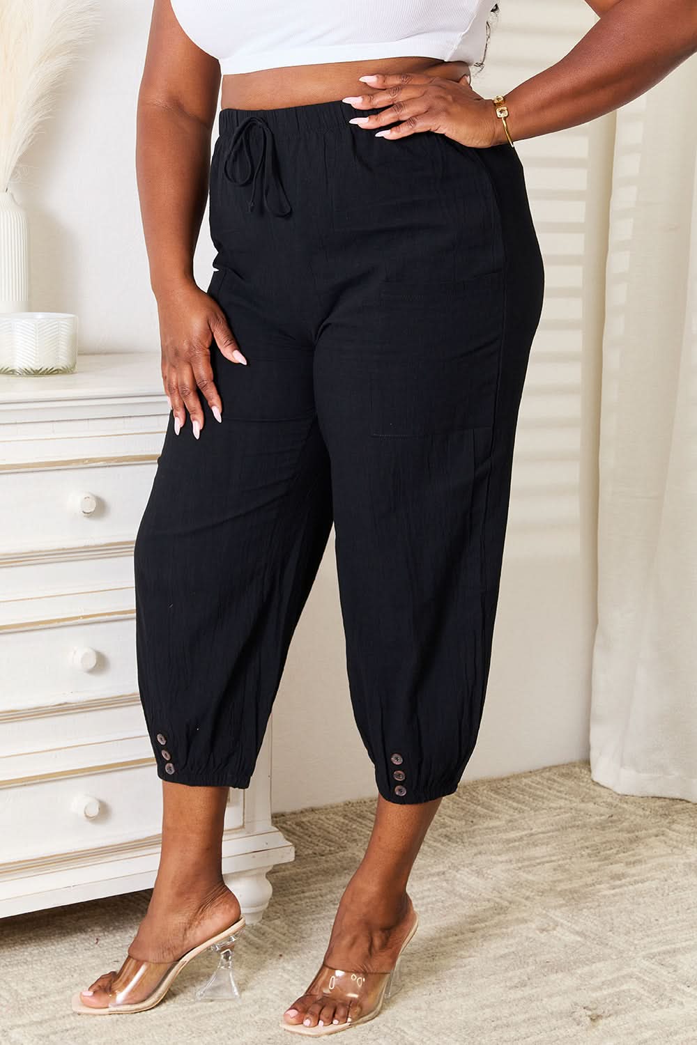 Shiny Decorative Button Cropped Pants - ShalayeFashion